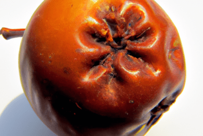 Manzana marrón y arrugada sobre fondo blanco mostrando descomposición, gabapentina caducada que deberias saber