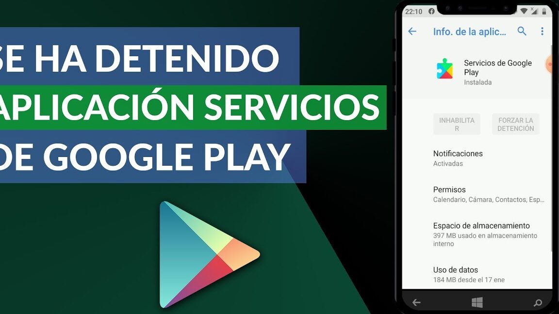 Pantalla que indica que google play te muestra un error del servidor aprende que hacer en segundos 1 con opciones de 'Forzar la detención' e información de almacenamiento en Servicios de Google Play