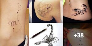 Collage de diseños de escorpiones, dotwork y constelaciones para una guia completa de significado de tatuaje de escorpion en espalda