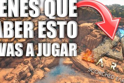 Miniatura del mapa desértico de ARK Scorched Earth con texto grande y flecha roja señalando el logo, ideal para una guia completa que comen los buitres.