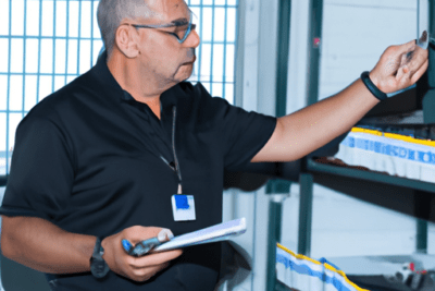 Trabajador en almacén inspecciona estantería con portapapeles y gafas mientras aparece el aviso de que ha caducado su credenciales almacenadas en cache de office