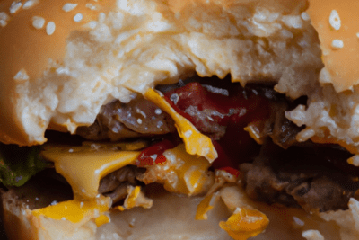 Hamburguesa caducada 4 dias que riesgos implica y como prevenirlos, hamburguesa parcialmente mordida con pan de sésamo, queso derretido y salsa visible