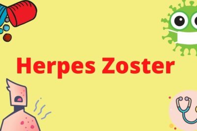 Imagen ilustrativa con el texto herpes zoster y pictogramas de medicamento, virus, erupción cutánea y estetoscopio
