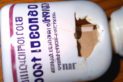 Botella de medicamento blanca con etiqueta morada y orificio lateral mostrando pastillas, planteando si ibuprofeno caducado hace 4 anos es seguro usarlo.