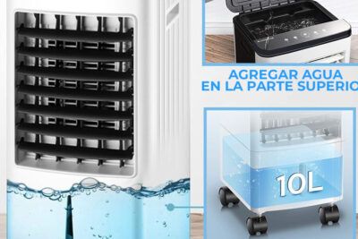 Unidad portátil con depósito de agua 10L y demostración de instalacion segura de aire acondicionado portatil