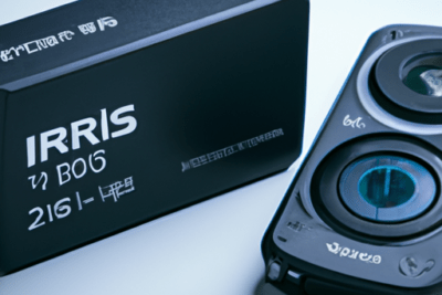 Caja negra con logotipo IRRIS y un dispositivo óptico compacto con lentes azules en primer plano, iris 9800hd por que el firmware caducado en 2024 es un problema