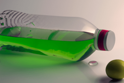Botella acostada con líquido verde y una gota junto a una esfera verde, jugo caducado se puede tomar es seguro o hay riesgos