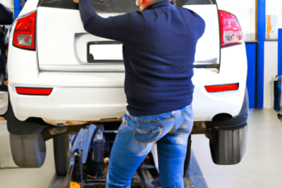 Técnico de taller manipulando la parte trasera de un vehículo elevado justificante profesional de tramitacion de vehiculos caducado que hacer
