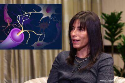 Mujer en una entrevista con ilustración de neuronas y axones l2opeckwomQ