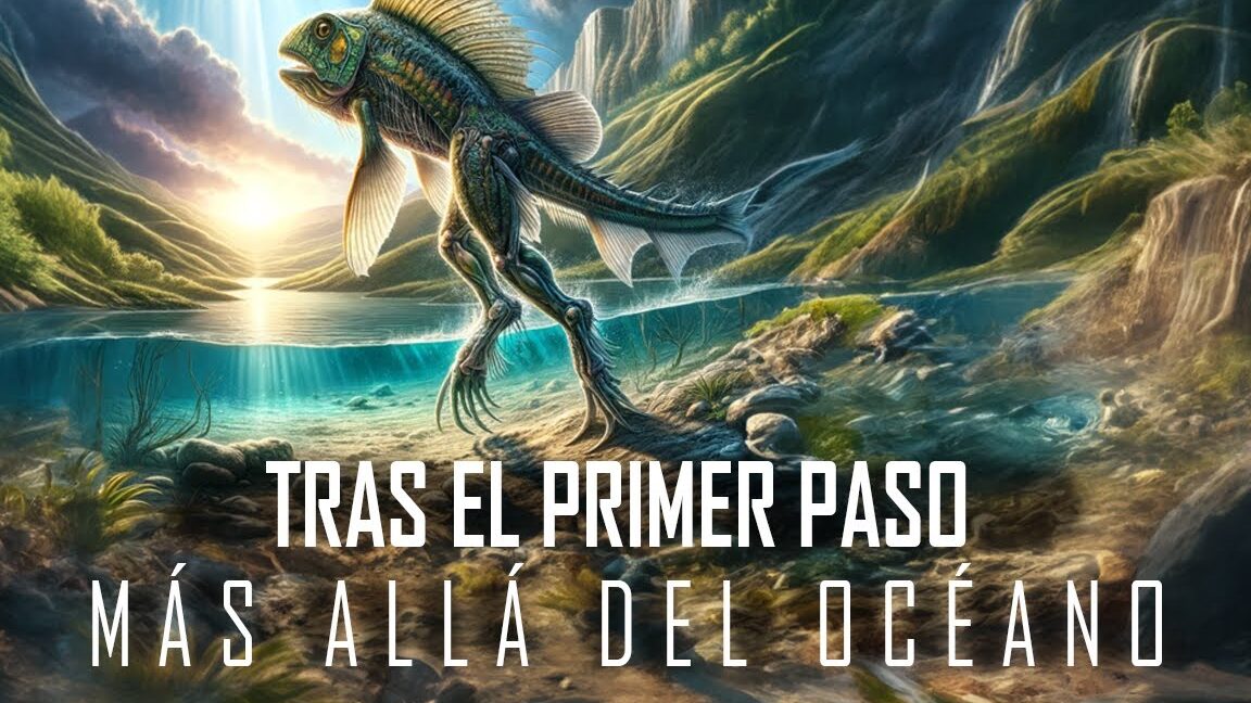 Criatura transicional similar a un pez con patas emergiendo de un lago en un paisaje prehistórico, la alimentacion de los dinosaurios descubre de que se alimentaban estos fascinantes seres del pasado