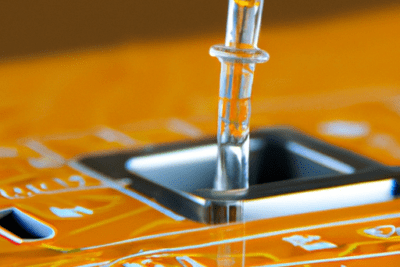 Detalle macro de un microconector transparente en una placa de circuito impreso naranja, la conexion ha caducado el servidor esta tardando demasiado en responder