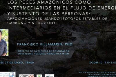 Póster con paisaje de arroyo, retrato del ponente y texto informativo sobre la dieta de los peces en el mar claves para comprender de que se alimentan en su habitat natural