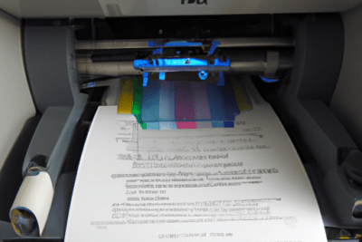 Interior de impresora con hoja de prueba y bandas CMYK que muestra la importancia de la derivacion caducada en la impresora xerox 3550.
