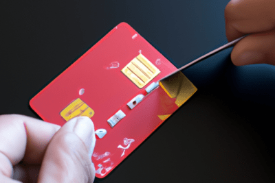 Manos retirando un adhesivo del chip de una tarjeta roja, ilustrando la importancia de renovar una tarjeta de credito que ha caducado