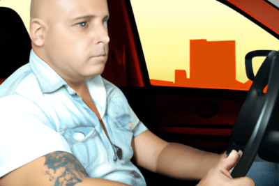 Hombre calvo con tatuaje manejando un coche, ejemplo de la persona que conduzca un vehiculo automotor cuya licencia esta caducada