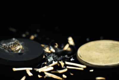 Moneda metálica y disco negro sobre fondo oscuro con virutas dispersas y la vigencia de la invocacion ha caducado