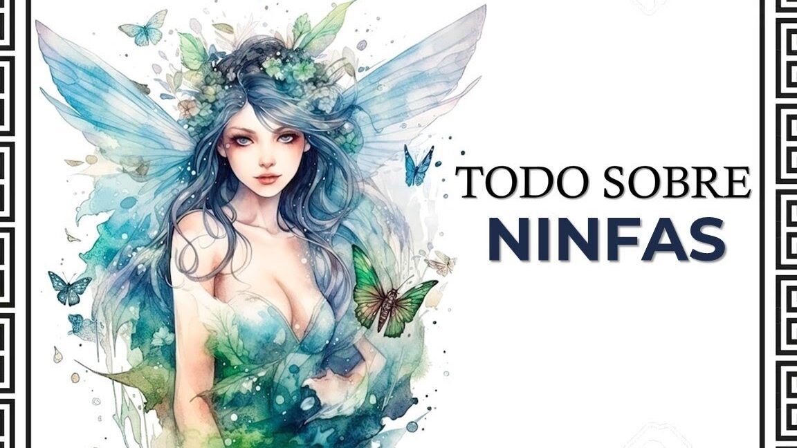 Ilustración acuarela de las ninfas representada como mujer alada entre mariposas y flores.