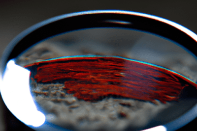 Gota de cristal ampliada que actúa como lente sobre una superficie rugosa con una veta roja, lo sentimos el tiempo de uso de la base de datos ha caducado.