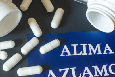Cápsulas blancas dispersas y frascos abiertos que ilustran los peligros de consumir alprazolam caducado es realmente seguro.