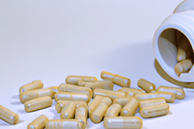 Frasco abierto y cápsulas dispersas que ilustran los peligros de consumir fluoxetina caducada que sucede si tomas este medicamento vencido.