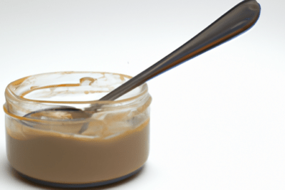 Tarro de vidrio con leche condensada abierta y cuchara que ilustra los peligros de consumir leche condensada caducada