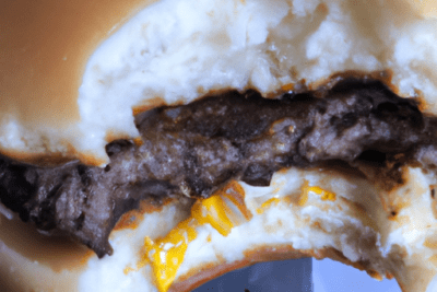 Hamburguesa mordida con carne oscura, queso y salsa que ilustra los peligros de consumir una hamburguesa caducada 2 dias.