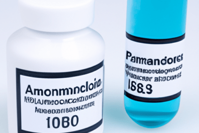 Frascos de medicamento y vial con líquido azul que ilustran los peligros de utilizar amoxicilina 750 caducada.