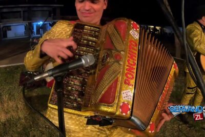 Músicos de los tecolotes tocando un acordeón dorado frente a un micrófono en concierto nocturno