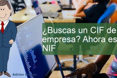 Banner en oficina con texto '¿Buscas un CIF de empresa? Ahora es NIF', monitor con código y personaje ilustrado, lpnMbW9tlVo.