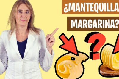 Mujer señalando una comparativa visual entre mantequilla margarina con signo de pregunta