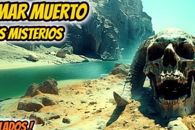 Orilla desértica del mar muerto con un cráneo con cuernos en primer plano