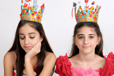 Dos niñas con coronas de papel y vestidos de fiesta, una pensativa y otra sonriente, mi dni esta caducado que hago