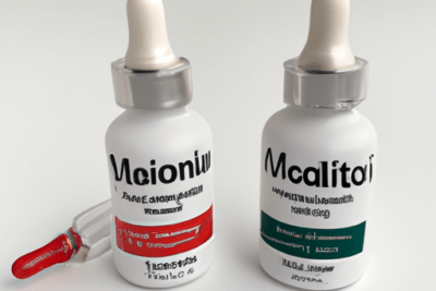 Dos frascos blancos con cuentagotas y una pipeta con líquido rojo que ilustran dudas sobre si minoxidil caducado puede aun ser efectivo.