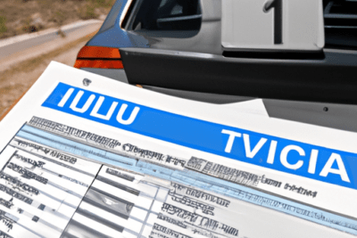 Multa itv caducada en coche aparcado que debes saber, papeles de la ITV en primer plano junto a la parte trasera de un vehículo estacionado