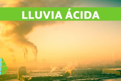 Planta industrial con chimeneas emitiendo humo y cielo anaranjado que representa lluvia ácida myad29yNm44