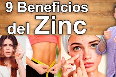 Miniatura que muestra '9 Beneficios del Zinc' con imágenes de pérdida de cabello, cintura con cinta métrica, acné y un hombre mostrando fuerza, mzQunJyT VQ
