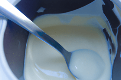Yogur cremoso en vaso abierto con cuchara, no te comas un yogur si ya esta caducado