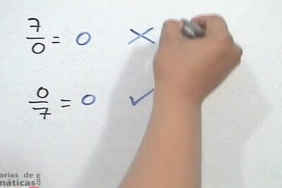 Mano dibujando en pizarra comparando 7/0 y 0/7 para ilustrar el caso de numerador 0.