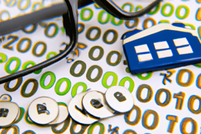 Gafas, icono de vivienda y monedas con candado sobre fondo de código binario representando ope caducada todo lo que necesitas saber sobre las opes caducadas y su importancia