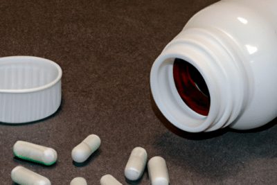 Envase blanco abierto con cápsulas esparcidas sobre una mesa, imagen que invita a considerar orfidal caducado efectos que sucede si tomas un medicamento vencido