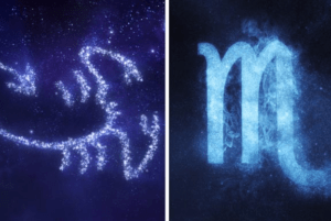 Constelación en forma de escorpión y glifo azul, representación visual que sugiere personalidad de escorpio caracteristicas del signo zodiacal.
