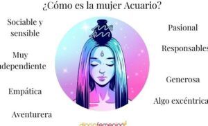 Ilustración de mujer Acuario con lista de rasgos alrededor; personalidad de escorpio descubre sus rasgos y caracteristicas