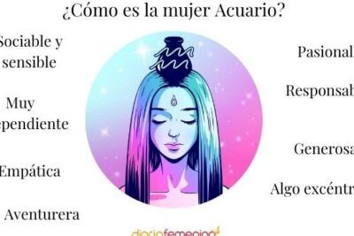 Ilustración de mujer Acuario con lista de rasgos alrededor; personalidad de escorpio descubre sus rasgos y caracteristicas