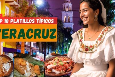 Mujer sonriente con traje regional y fotografías de platillos tradicionales veracruzanos frente a una calle nocturna.