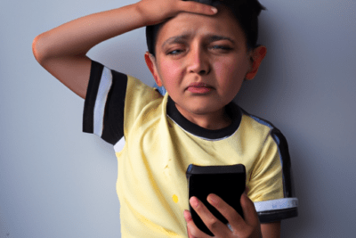 Niño con expresión de frustración sosteniendo un teléfono móvil, preguntando por que me dice que whatsapp ha caducado