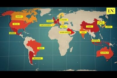 Mapa mundial estilizado con países resaltados en rojo y etiquetas amarillas qesLBiahfK8.