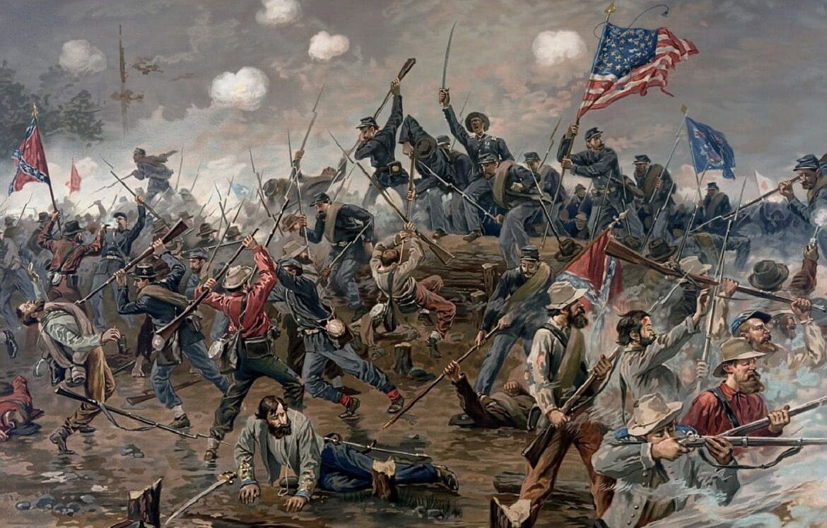 Pintura de combate con soldados, humo y banderas que plantea que causo la guerra civil de estados unidos y como afecto al pais