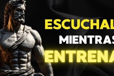 Póster con estatua musculosa y texto en amarillo que inspira durante el entrenamiento que comen las esperanzas descubre como nutrir y mantener viva tu motivacion
