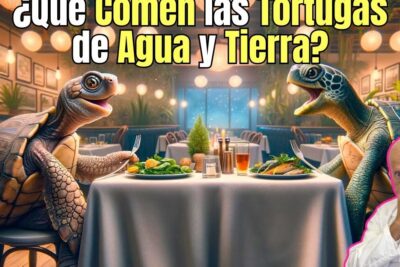 Dos tortugas sentadas en un restaurante frente a platos de ensalada y pescado, que comen las tortugas acuaticas descubre su dieta y habitos alimenticios