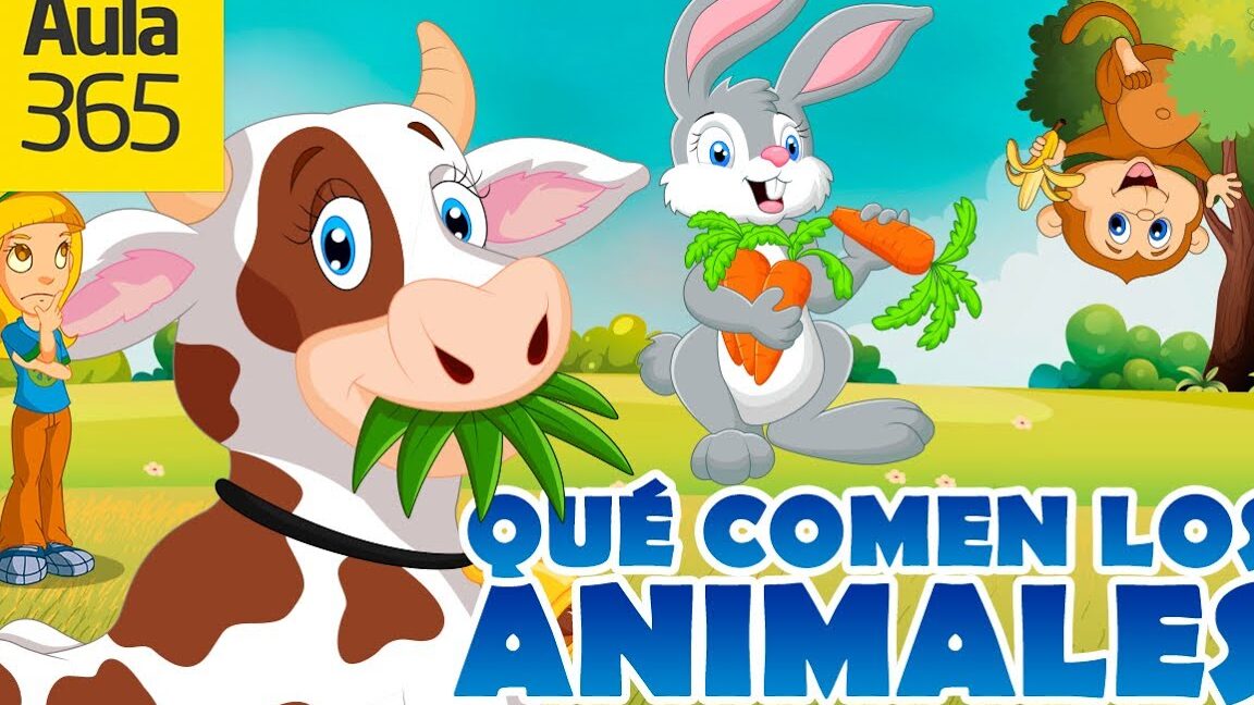Ilustración colorida con vaca comiendo hierba, conejo con zanahorias y mono con plátano que comen los osos perezosos descubre la dieta de estos fascinantes animales